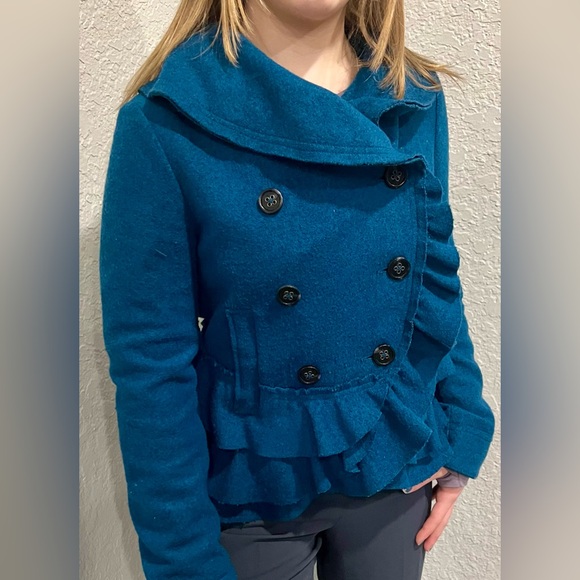Elevenses anthropology Womens  Jacket with ruffle teal color  Size 6 - Picture 6 of 8